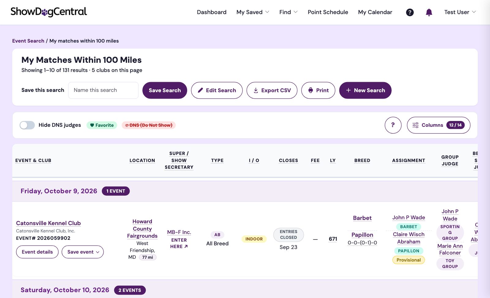 Event search results with judges, closing dates and entry links